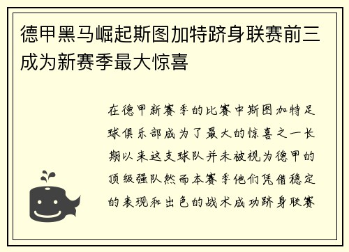 德甲黑马崛起斯图加特跻身联赛前三成为新赛季最大惊喜